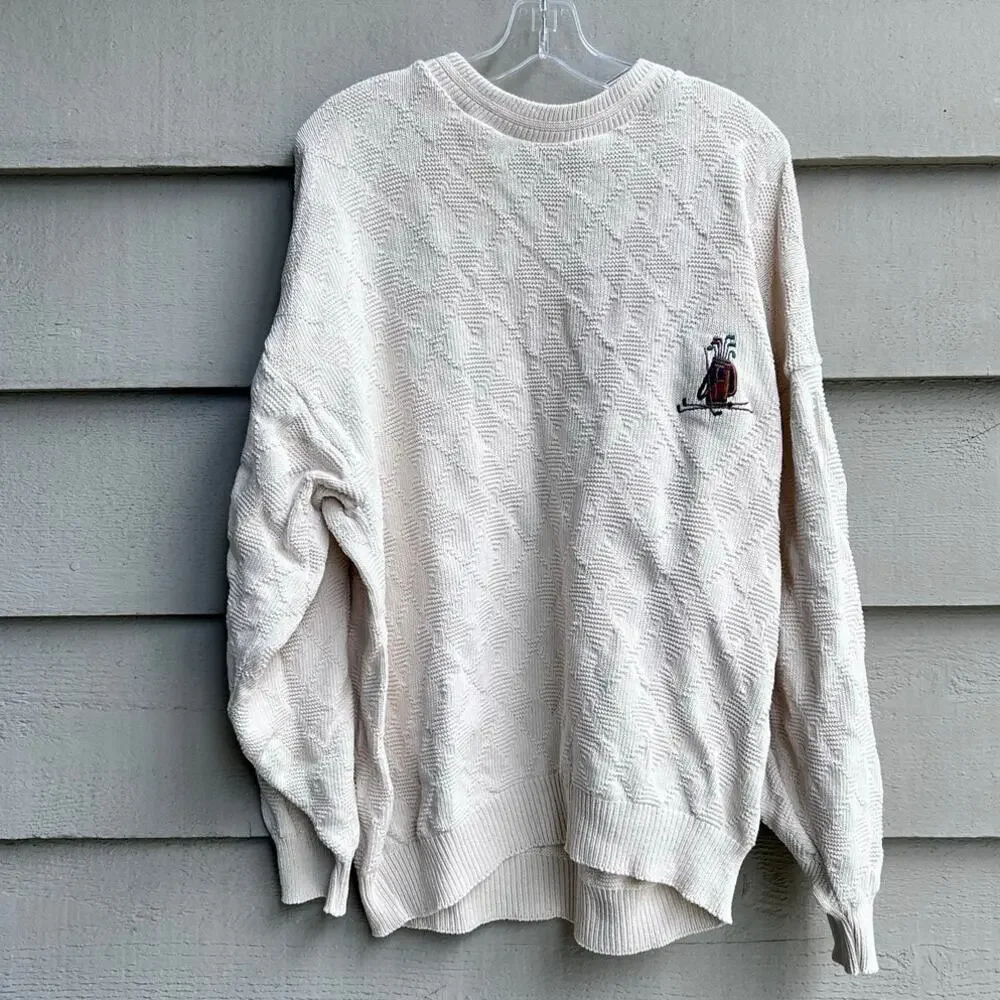 Vintage Knightsbridges Cream Crewneck Golf Sweater Cotton Made in USA Size XL